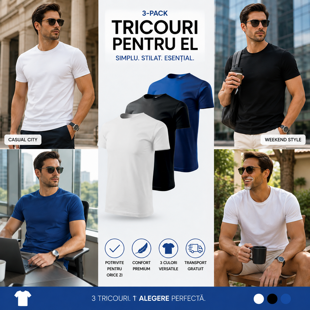 Tricouri bărbați alb albastru și negru din bumbac 100% pentru ținute casual